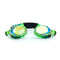 Green and black swim goggles with floral pattern on a white background
