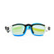 Sunglasses with blue and black frame and green lenses on a white background