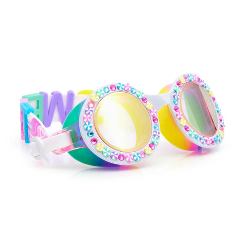 Colorful swim goggles with decorative elements on a white background