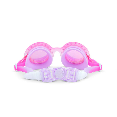 Pink and purple goggles with a white strap on a white background