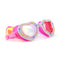 Pink children's goggles with heart designs and colorful embellishments on a white background