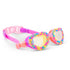 Colorful children's goggles with heart design on a white background