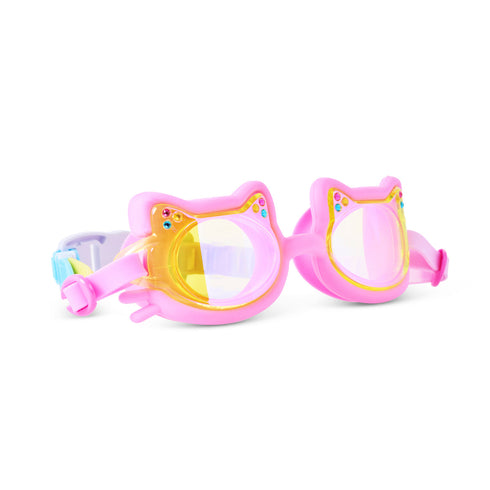 Pink swim goggles with cartoon character design on a white background