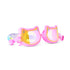 Pink swim goggles with cartoon character design on a white background