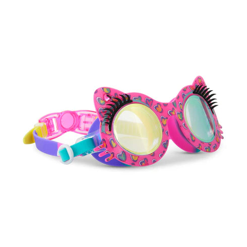 Colorful swim goggles with decorative elements on a white background