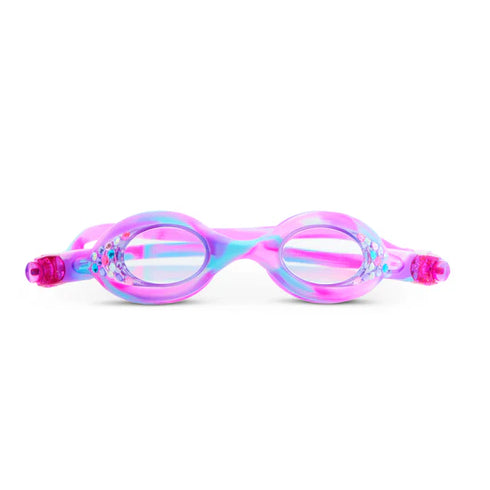 Pink and blue swim goggles on a white background