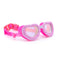 Pink swim goggles with heart-shaped lenses on a white background