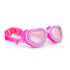 Pink swim goggles with heart-shaped lenses on a white background