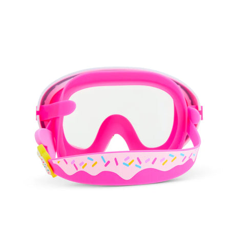 Pink swim mask with colorful design on a white background