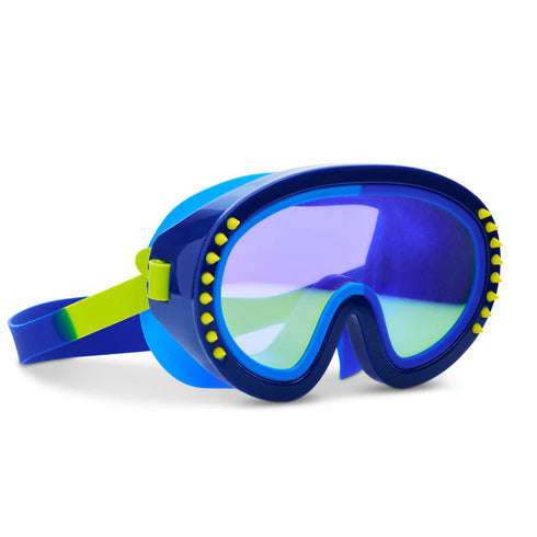 Blue swim goggles with a green strap on a white background