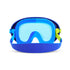 Blue goggles with a green strap on a white background
