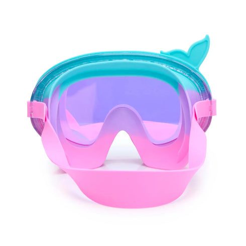 Pink and blue goggles with a whale fin design on a white background