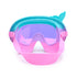 Pink and blue goggles with a whale fin design on a white background