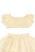 Close-up of the Hawaii Ruffle Set crop top in yellow cotton with frilled puff sleeves and elastic hem | Bali Bubs