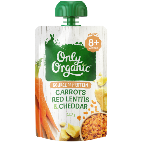 A pouch of Only Organic baby food featuring carrots, red lentils, and cheddar. 8+ months