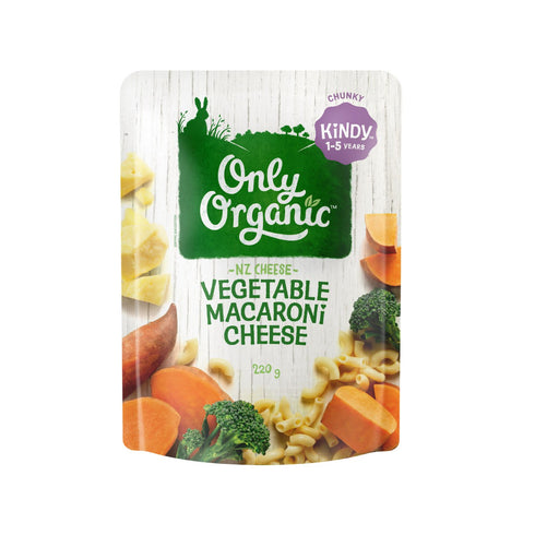Packaging of Only Organic Vegetable Macaroni Cheese showing the product name, an image of macaroni and cheese along with various vegetables such as carrots and broccoli.