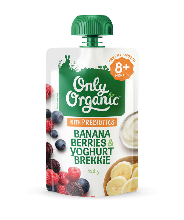 A pouch of Only Organic Banana Berries & Yoghurt Brekkie baby food. The packaging shows images of bananas, blueberries, raspberries, and yogurt, indicating the contents of the product.
