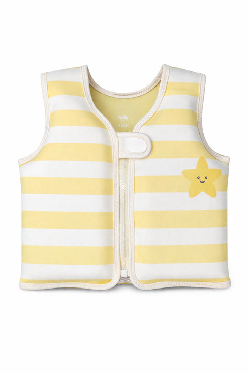 Yellow and white striped baby vest with a star design on a white background