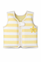 Yellow and white striped baby vest with a star design on a white background