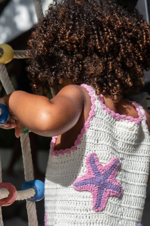 Bali kids crochet handmade dress in off white and pink.