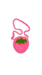 Handmade pink crochet strawberry bag for kids with green leaf and zip, made in Bali by Bali Bubs