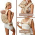 Woman using a baby carrier with detachable hood and chest strap features.
