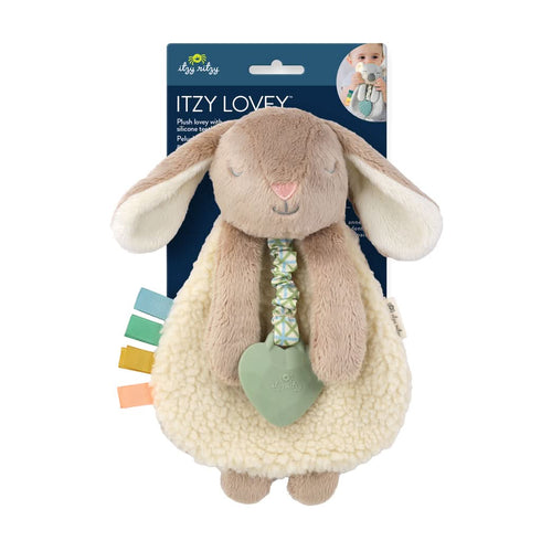 Baby with the Itzy Lovey Taupe Bunny plush teether