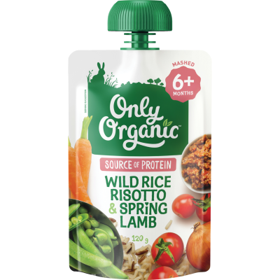 Only Organic wild rice risotto and spring lamb baby food pouch on a white background
