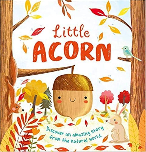 Book cover of 'Little Acorn' with a cartoon acorn character and autumn-themed illustrations.