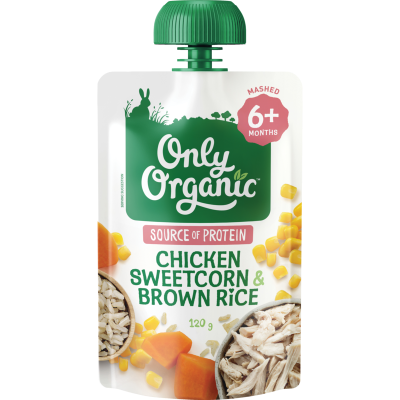 Only Organic baby food pouch with chicken, sweetcorn, and brown rice on a white background