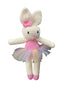 Crocheted bunny toy with a pink bow and tutu on a white background