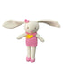Crocheted rabbit toy with a pink dress on a white background