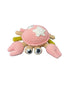 Crocheted crab toy with pink shell on a white background