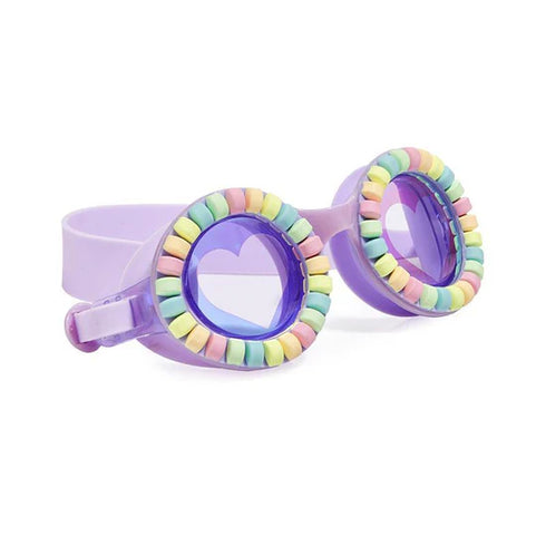 Colorful swim goggles with a heart design on a white background