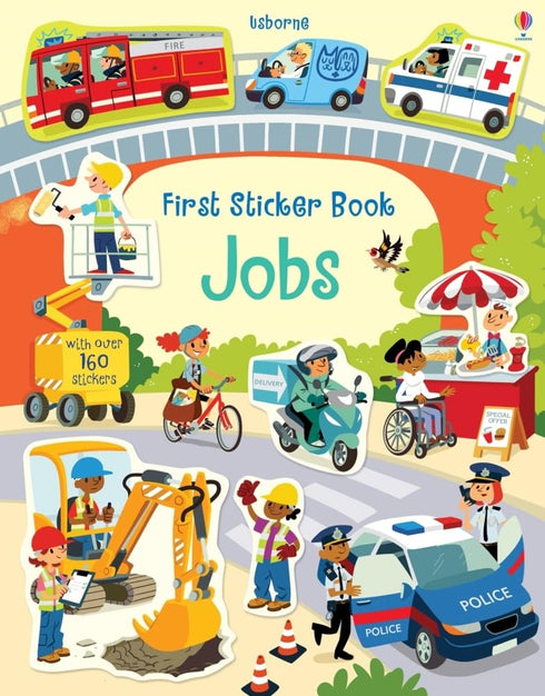 Children's book cover titled 'First Sticker Book Jobs' with illustrations of various jobs and vehicles.