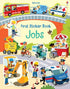 Children's book cover titled 'First Sticker Book Jobs' with illustrations of various jobs and vehicles.