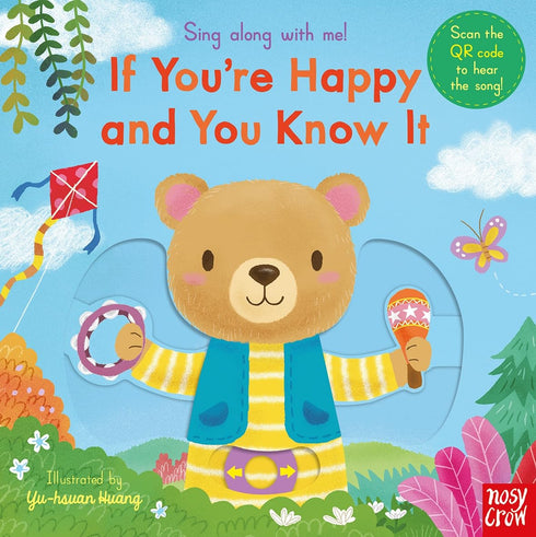 Children's book cover with a bear character and colorful background