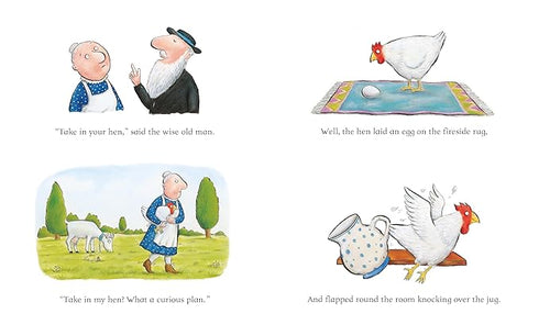 Illustrated book page with characters and a hen on a rug.