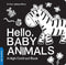 Book cover of 'Hello, Baby Animals' with a zebra illustration on a black background.