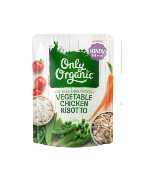 Packaging of Only Organic Vegetable Chicken & Risotto with images of chicken, vegetables, and risotto on the front.