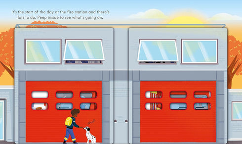 Illustration of a fire station with a child and dog in front, set against a colorful background.