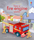Book cover of 'How a Fire Engine Works' by Usborne with a fire engine and firefighters illustration.