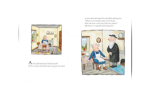 Illustrations from a children's book showing two scenes with characters in a room.