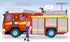 Illustration of a fire engine with a firefighter and a child looking inside, set against a snowy background.