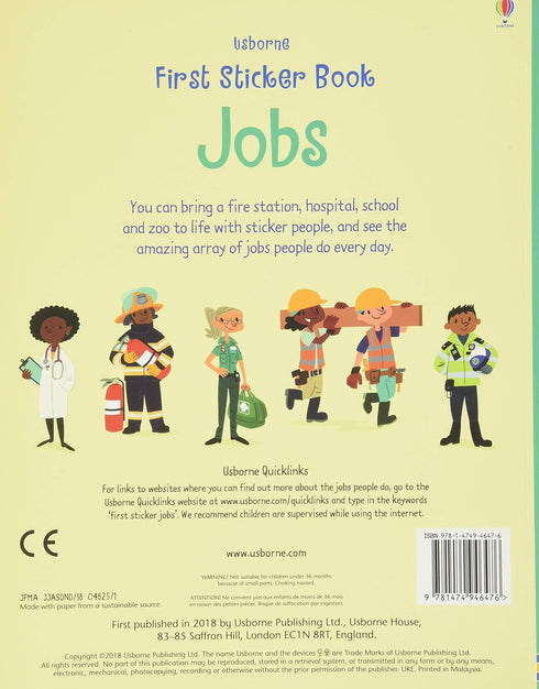 Back cover of a Usborne First Sticker Book titled 'Jobs' with illustrations of various职业 people.