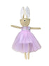 Stuffed bunny toy in a pink dress with a white tutu on a white background