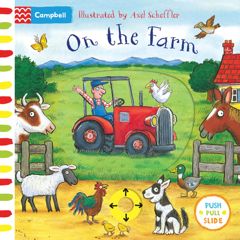 Book cover of 'On the Farm' by Campbell, illustrated by Axel Scheffler, with farm animals and a tractor.