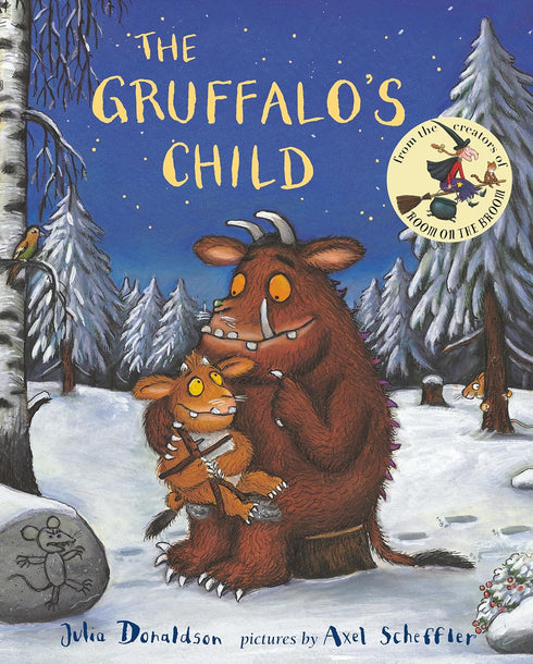 Book cover of 'The Gruffalo's Child' with a snowy forest scene and two characters.