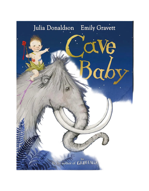 Book cover of 'Cave Baby' featuring a child on an elephant with a blue background