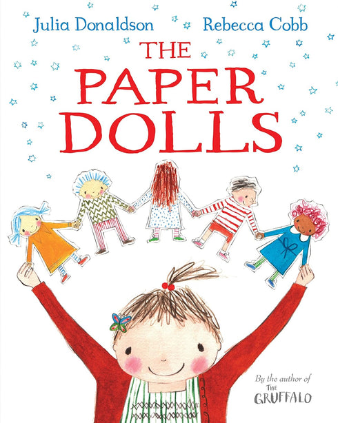 Book cover of 'The Paper Dolls' with illustrations of paper dolls and a child, featuring Julia Donaldson and Rebecca Cobb.
